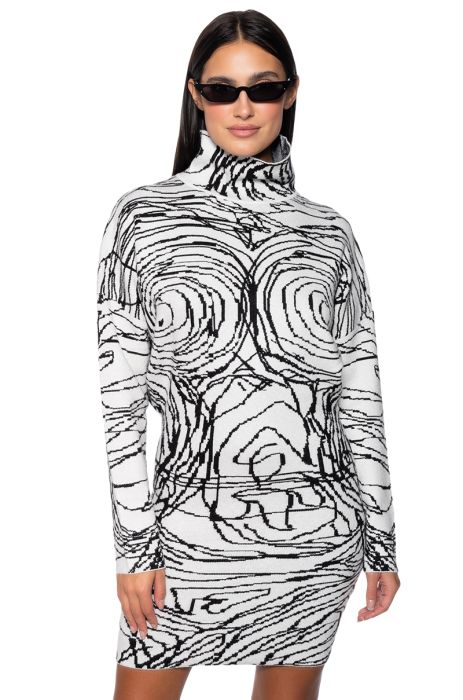 BODY WORK ABSTRACT LONG SLEEVE KNIT MINI DRESS  IN WHITE MULTI
