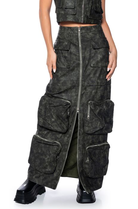 ELISIA DISTRESSED FAUX LEATHER CARGO MAXI SKIRT