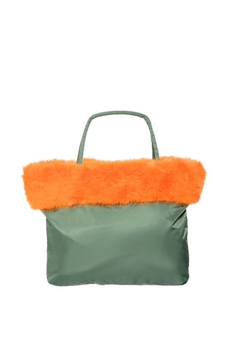 ENDLESS FAUX FUR BOMBER DUFFLE BAG IN GREEN MULTI