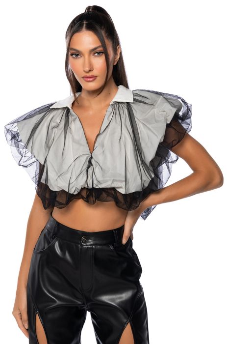 FEELIN CHIC TULLE COLLARED BLOUSE IN BLACK WHITE