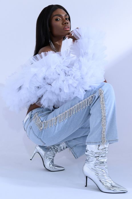 FEELING LIKE A STAR RHINESTONE WIDE LEG JEANS IN LIGHT BLUE DENIM