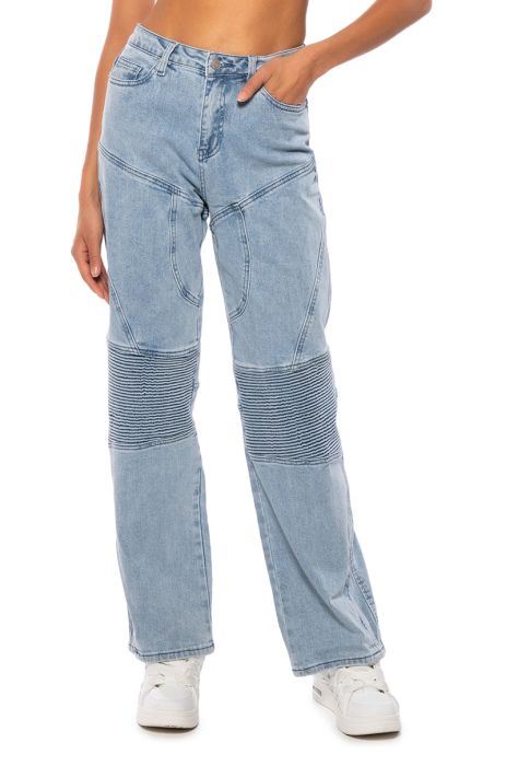 FIRST IMPRESSIONS STRAIGHT LEG MOTO JEANS IN LIGHT BLUE