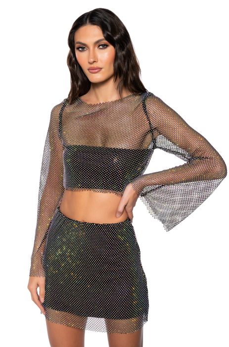 FLASHING LIGHTS RHINESTONE MESH LONG SLEEVE TOP IN BLACK