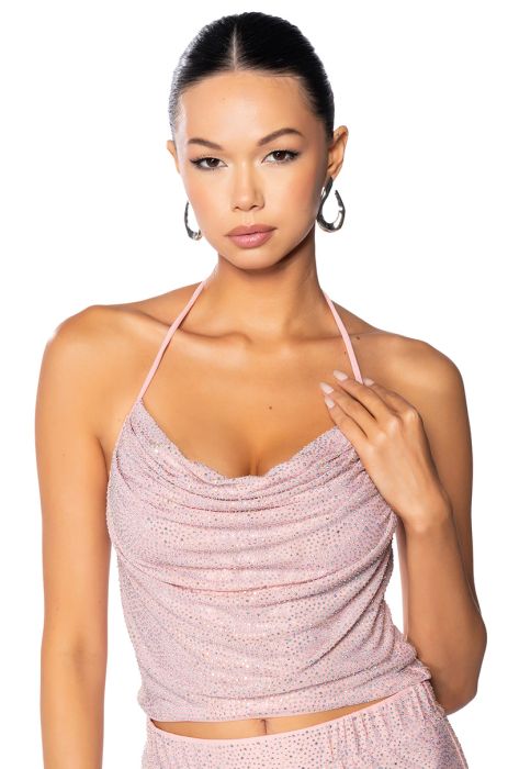 GLITZY RHINESTONE MESH HALTER TOP IN PINK