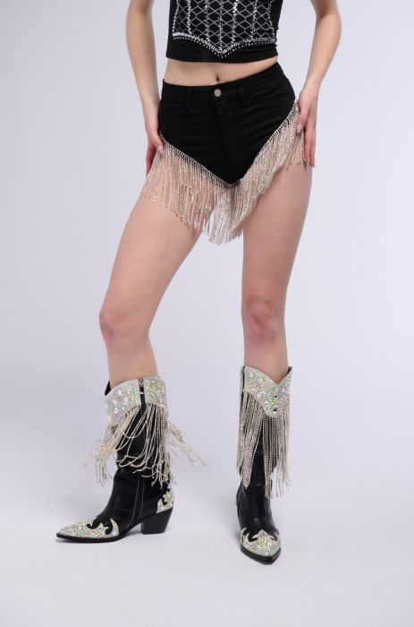 GONNA LOVE ME WATERFALL RHINESTONE DENIM SHORT IN BLACK