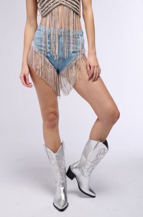 GONNA LOVE ME WATERFALL RHINESTONE DENIM SHORT IN DENIM