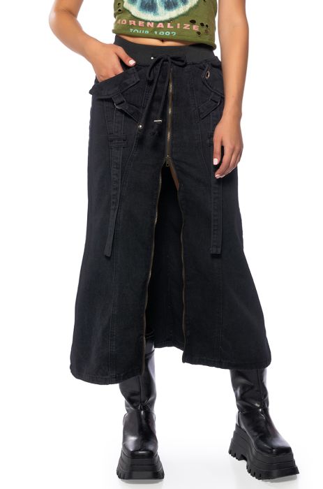 GRUNGY CARGO DENIM MIDI SKIRT in black