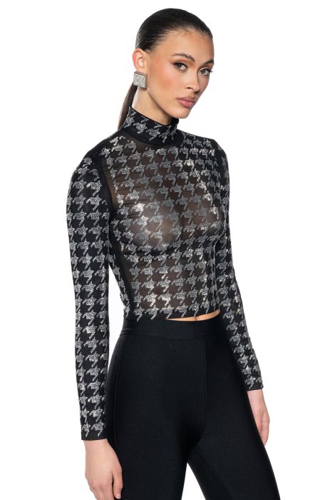 HOUNDSTOOTH GLAMOUR MOCK NECK LONG SLEEVE MESH TOP