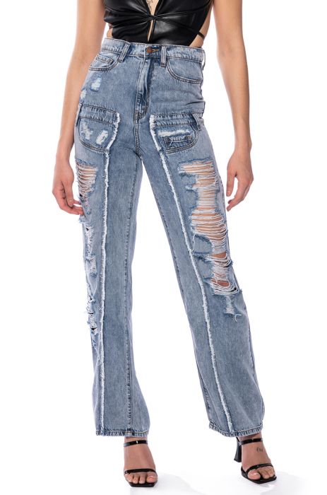 IMPACT ON YOU DISTRESSED WIDE LEG HIGH RISE JEANS in LIGHT BLUE DENIM