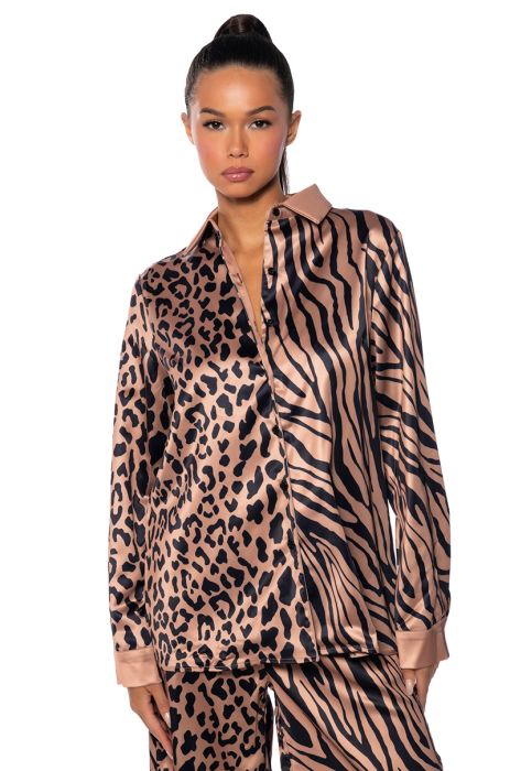 INTO THE NIGHT SATIN BUTTON DOWN WITH FRINGE IN BROWN MULTI