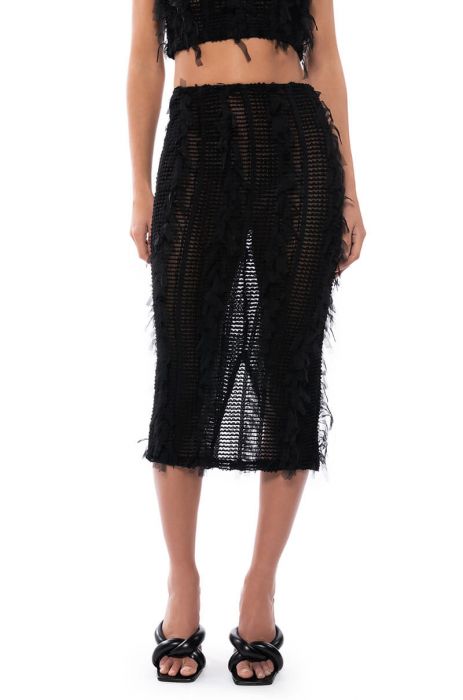 ITS A WRAP MACRAME MESH BODYCON MIDI SKIRT IN BLACK