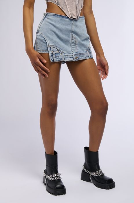 ITS THE REMIX ASYMMETRICAL DENIM MINI SKORT IN MEDIUM BLUE DENIM