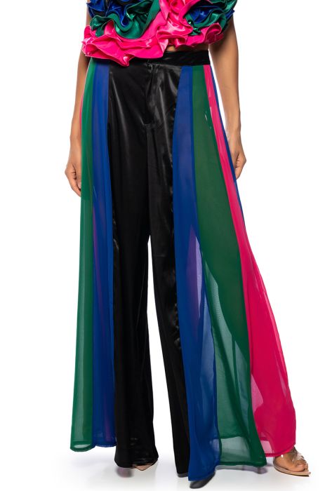 JUST MY LUCK SATIN WIDE LEG MESH PANEL PANT in black multi
