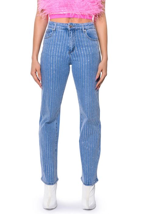 KICK BACK PINSTRIPE RHINESTONE WIDE LEG JEANS in medium blue denim