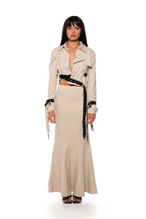 LINDEN FITTED TRUMPET MAXI SKIRT IN TAUPE BLACK
