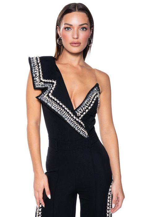 LUXURIOUS PEARL AND RHINESTONE DETAILED BODYSUIT IN BLACK
