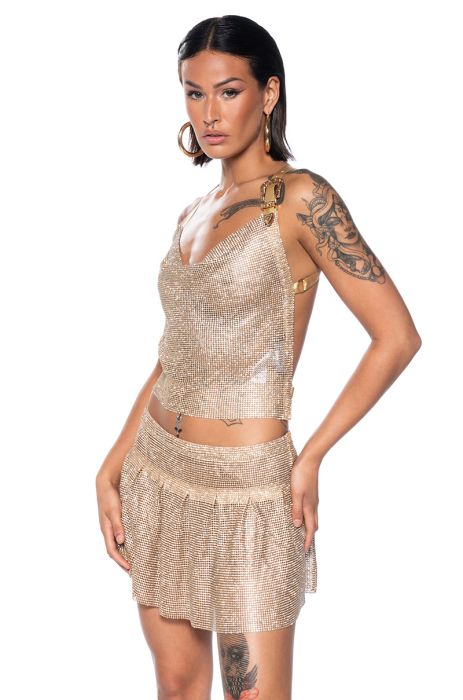 MARIELA RHINESTONE CHAINMAIL COWL NECK TOP in gold