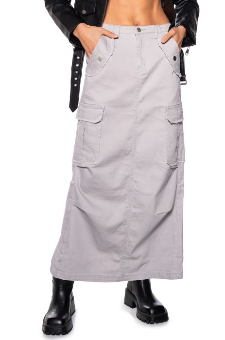 MELINA DENIM CARGO MIDI SKIRT in grey