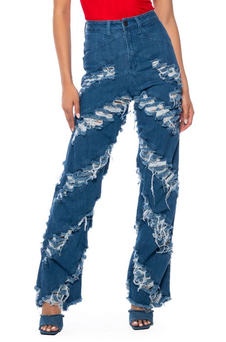 MONICA CONTOUR DISTRESSED JEANS in medium blue denim