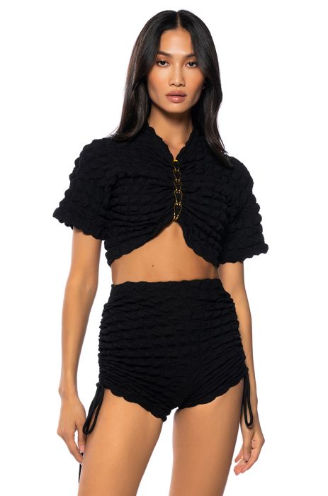 MY HAPPY PLACE TEXTURED CROP TOP AND SHORTS SET in black