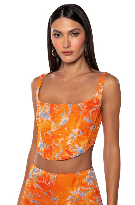 ON THE SHORE CORSET TOP IN ORANGE MULTI