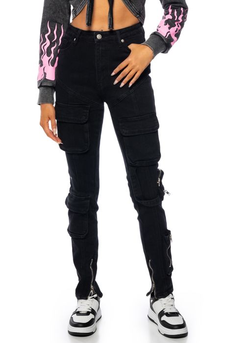 ONE STEP AT A TIME CARGO POCKET SKINNY JEANS IN BLACK