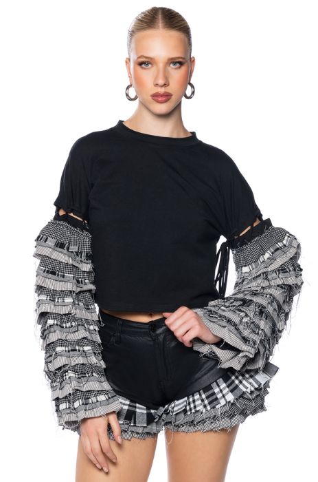 PAINT ME IN PLAID RUFFLE SLEEVE PULLOVER in black multi