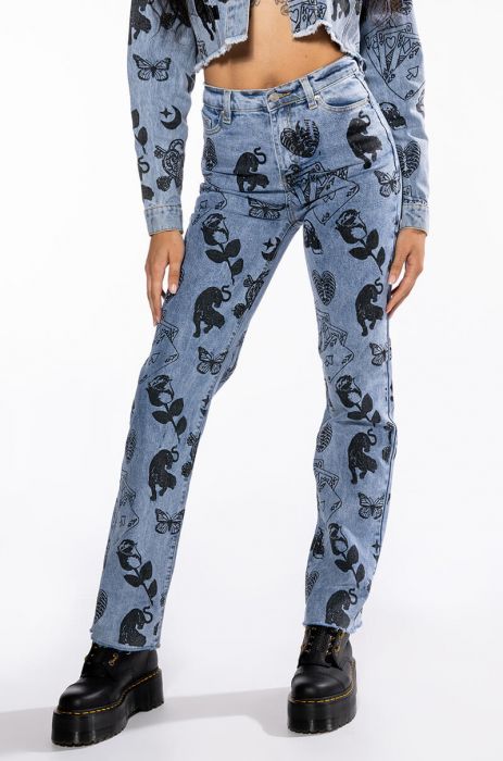 PAINTED TATTOO STRAIGHT LEG DENIM in light blue denim