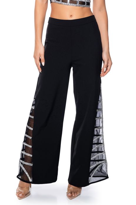 PREMIER RHINESTONE MESH PANEL WIDE LEG PANT