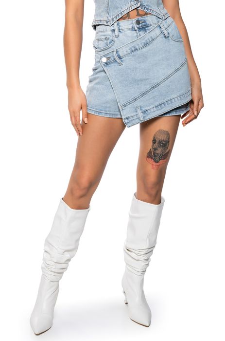 REAGAN ASYMMETRICAL DENIM MINI SKORT IN LIGHT DENIM