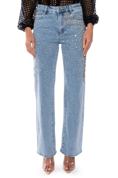 RILEE EMBELLISHED STRAIGHT FIT JEANS in MEDIUM BLUE DENIM