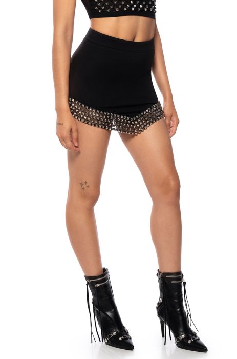 ROCK STAR CHIC STUDDED STRETCH MINI SKIRT IN BLACK