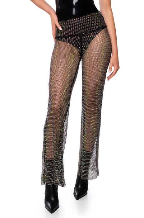 ROXY RHINESTONE MESH STRAIGHT LEG PANT in black