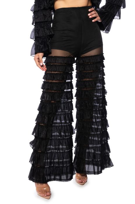 SAMIRA MESH RUFFLE FULL LENGTH PANT IN BLACK