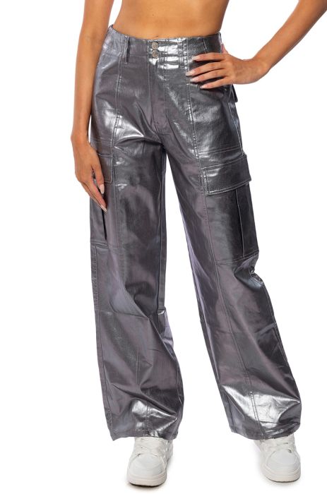 SEASIDE LOVERS FOIL EFFECT WIDE LEG CARGO PANTS in silver, blue