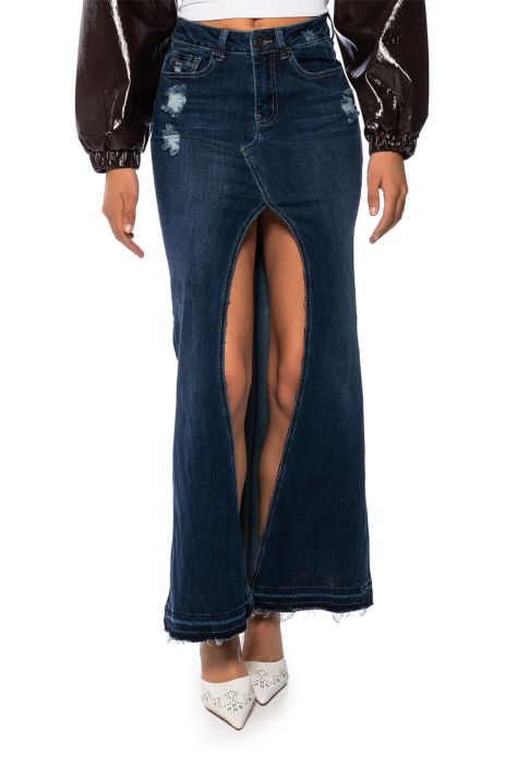 SHOW IT OFF FRONT SLIT DENIM MAXI SKIRT IN DARK BLUE DENIM