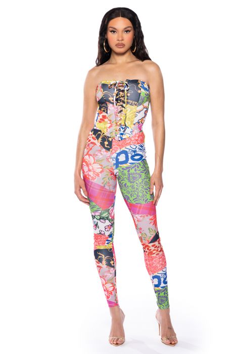 SHOW OFF LACE UP CORSET AND PANT SET in MULTI