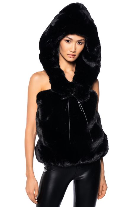 STARSTRUCK TIE FRONT FAUX FUR TOP WITH HOOD IN BLACK