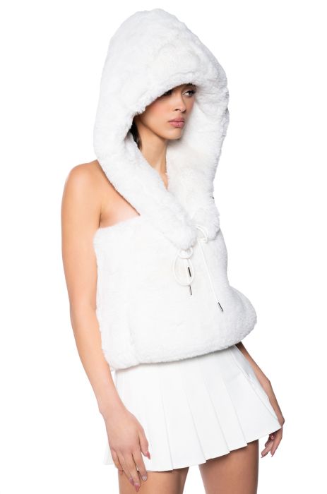 STARSTRUCK TIE FRONT FAUX FUR TOP WITH HOOD IN IVORY