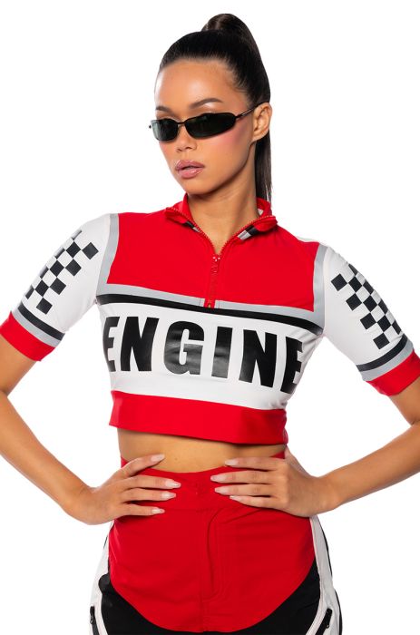 START YOUR ENGINE CROP RACING TOP in red multi