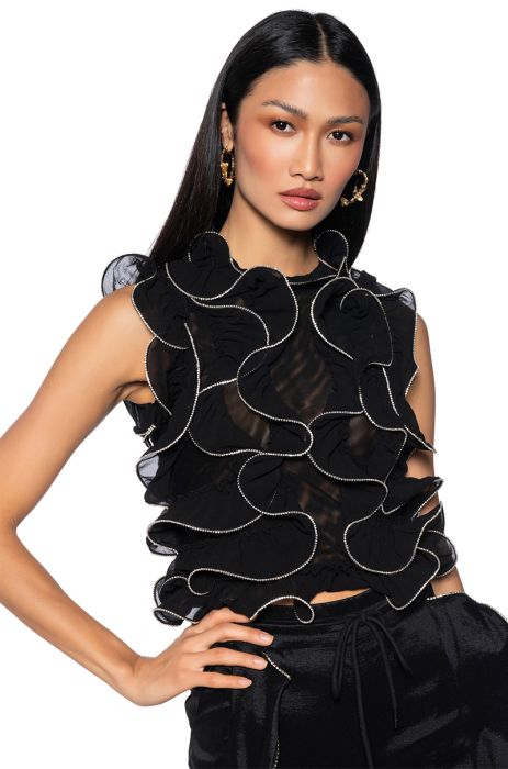 STOP AND STARE EMBELLISHED TULLE RUFFLE BLOUSE in black