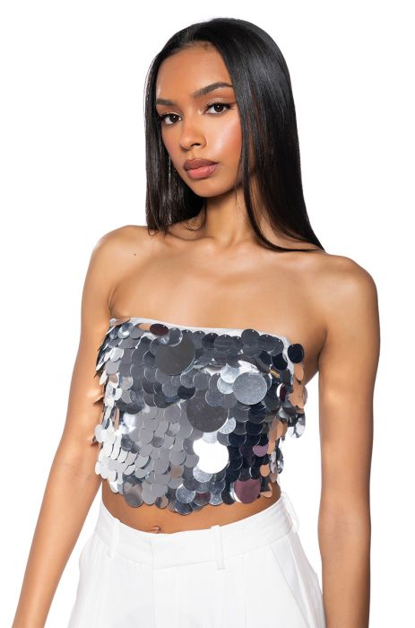 SUPERSTAR SEQUIN STRAPLESS CROP TOP IN SILVER