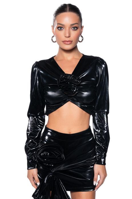 TASHA FAUX LEATHER ROSETTE CROP TOP in black