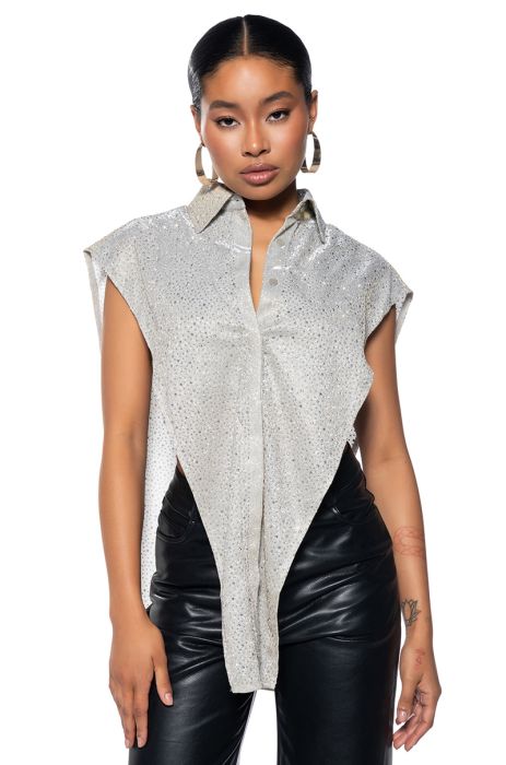 THINKIN BOUT YOU EMBELLISHED BUTTON DOWN IN SILVER