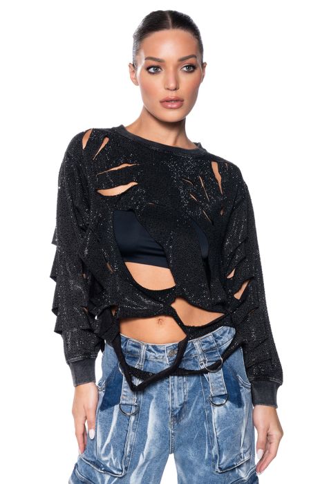 THRASHER RHINESTONE SHREDDED SWEATSHIRT in grey