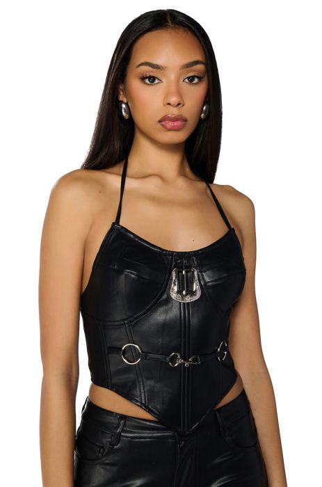 TIFFANY FAUX LEATHER HALTER NECK CORSET TOP IN BLACK