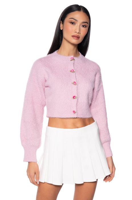 TOO CUTE FLOWER BUTTON FUZZY CARDIGAN in pink