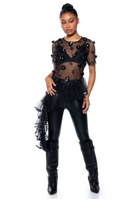 TOO GLAM EMBELLISHED ASYMMETRICAL TULLE TOP in black