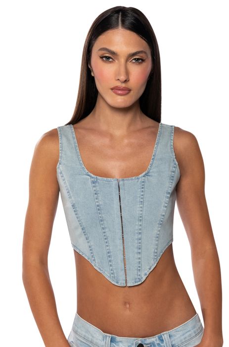 TREAT ME DENIM CORSET TANK TOP IN BLUE