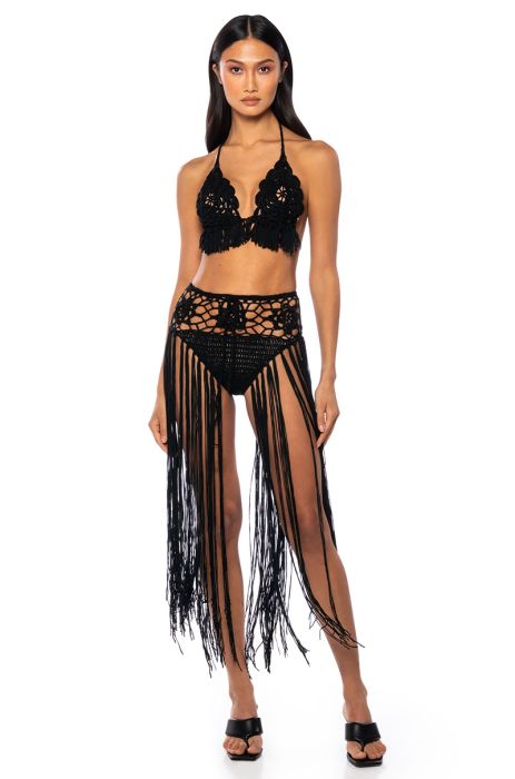 TROPICAL FLOWERS CROCHET FRINGE TWO PIECE SET in black